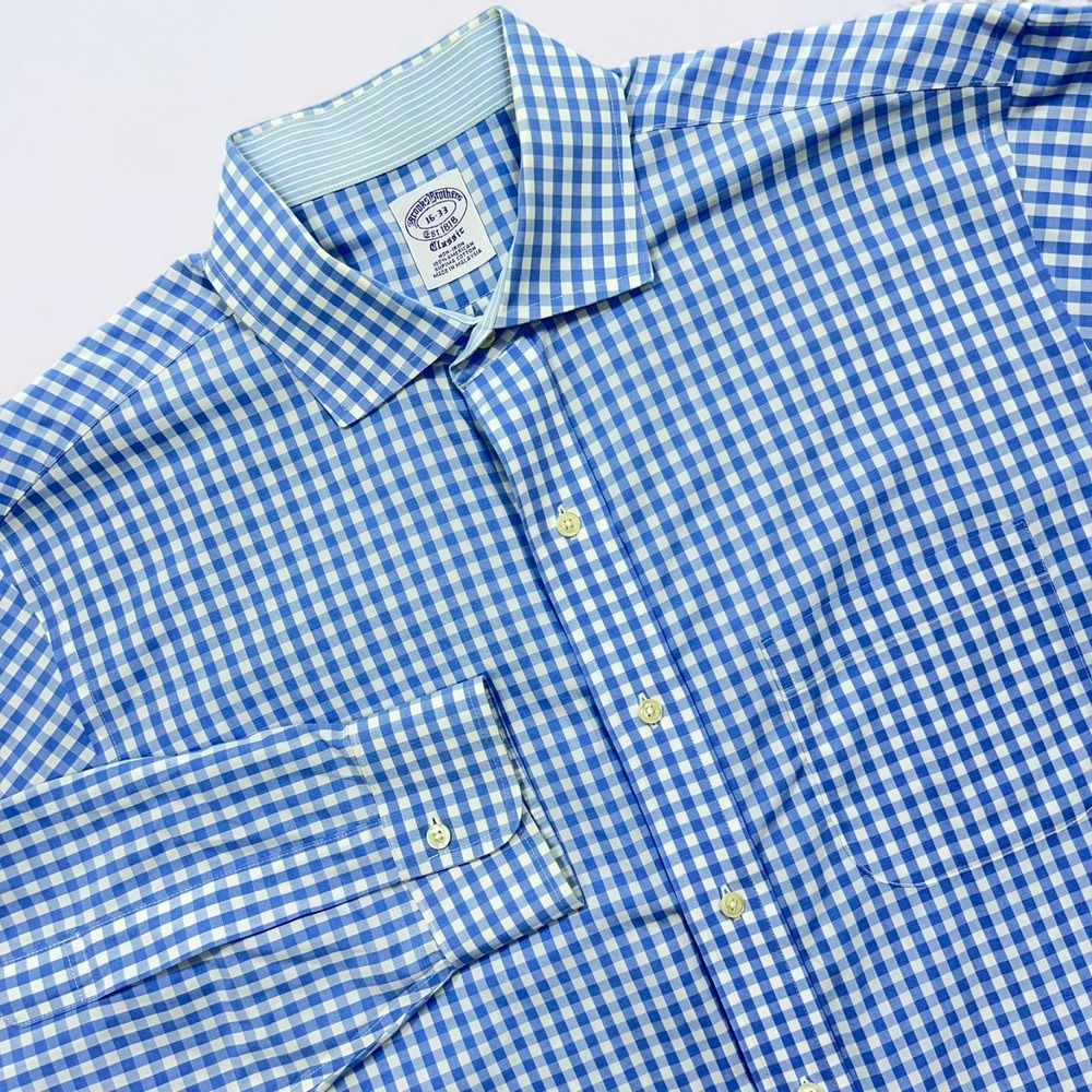 Brooks Brothers Classic Dress Shirt Men's 16 Blue Check Button Up Long Sleeve